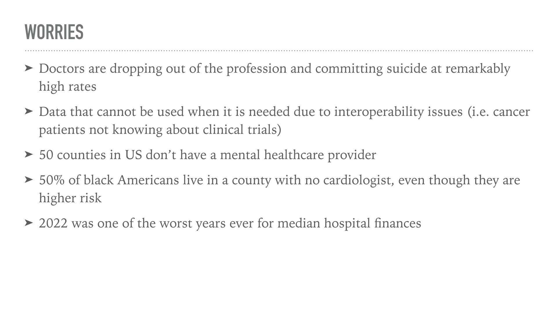 Moving on from generative AI, we will now go over some examples of other worries that a healthcare professional will have. This is a sobering list if you are coming from a lower-risk field.